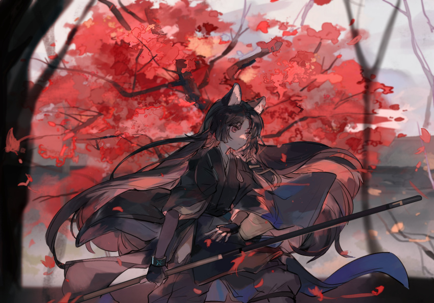 1girl, animal_ears, apple_da-ze, arknights, autumn_leaves, black_kimono, blurry, blurry_background, brown_hair, cape, closed_mouth, dog_ears, elbow_gloves, fingerless_gloves, from_side, full_body, gloves, highres, holding, holding_weapon, japanese_clothes, kimono, leaf, long_hair, long_sleeves, looking_to_the_side, pants, polearm, red_eyes, saga_(arknights), serious, sheath, solo, standing, tree, tree_shade, unsheathing, weapon, white_sky, wind, wind_lift