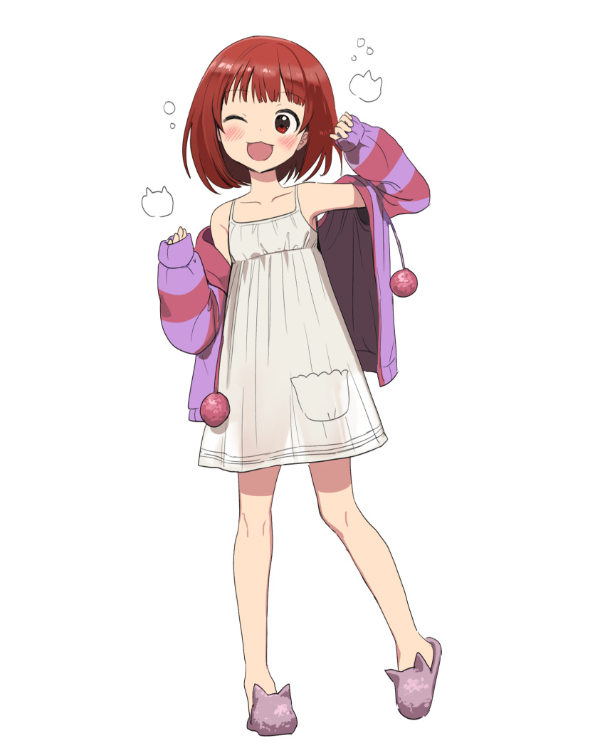 :3, :d, alternate_breast_size, animal_slippers, armpits, bare_legs, bare_shoulders, blush, blush_stickers, bob_cut, commentary_request, dress, flat_chest, hands_up, highres, idolmaster, idolmaster_million_live!, itohari_(mamiiori1), jacket, jacket_partially_removed, nonohara_akane, one_eye_closed, open_mouth, purple_jacket, see-through_silhouette, simple_background, sleeveless, sleeveless_dress, slippers, smile, white_background, white_dress