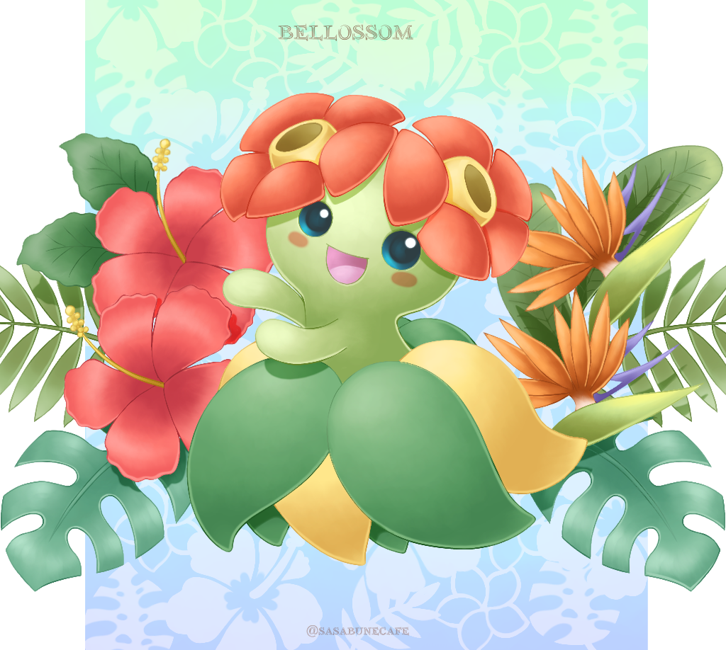 :d, artist_name, bellossom, blue_eyes, blush_stickers, character_name, commentary_request, flower