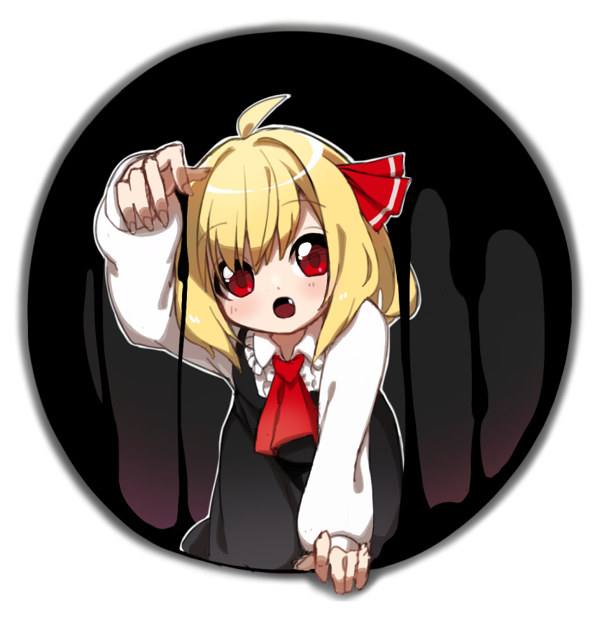 1girl, ahoge, ascot, bangs, black_dress, blonde_hair, darkness, dress