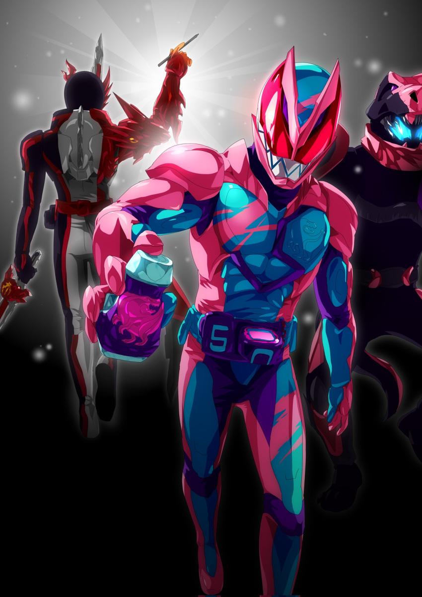 3boys, belt, brave_dragon, highres, holding, holding_pen, holding_sword, holding_weapon
