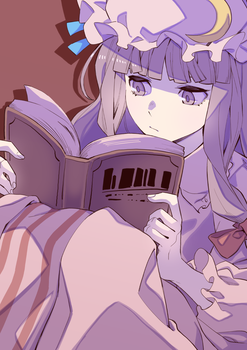 1girl, bangs, blue_ribbon, blunt_bangs, book, bow, commentary_request, crescent