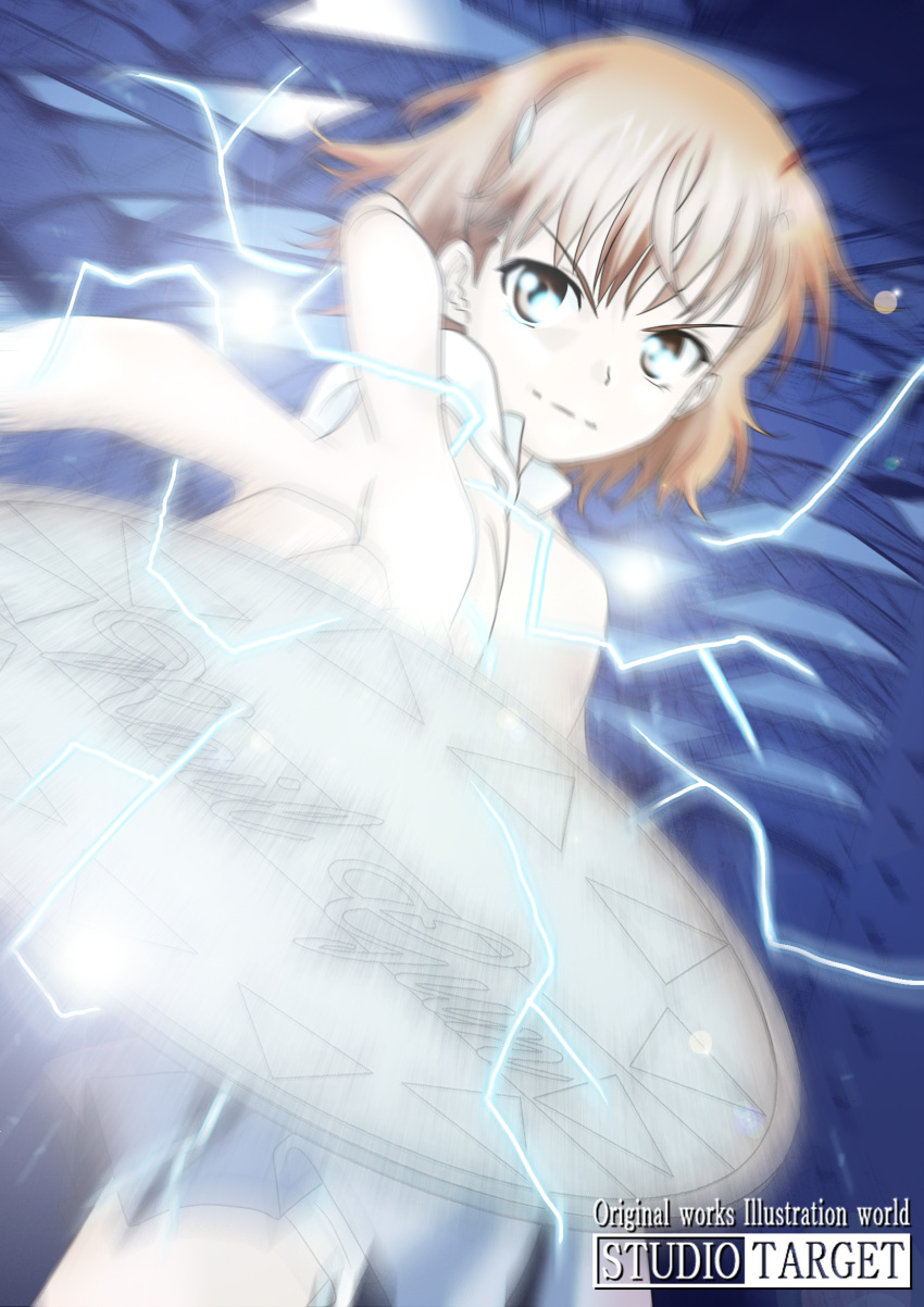 biribiri, blurry, brown_eyes, brown_hair, coin, electricity, english, foreshortening