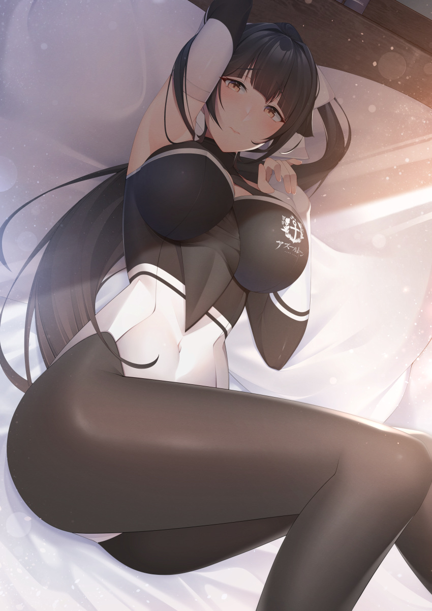 1girl, absurdres, ass, azur_lane, bed, black_hair, bodystocking, bow