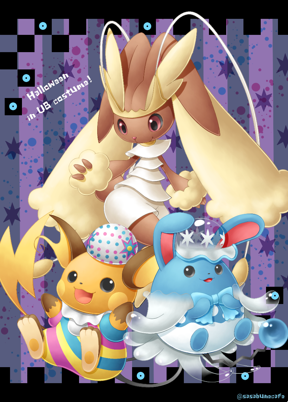 :d, artist_name, azumarill, blacephalon, blacephalon_(cosplay), blue_bow, bow, closed_mouth, clothed_pokemon, commentary_request, cosplay, gen_1_pokemon, gen_2_pokemon, gen_4_pokemon, gen_7_pokemon, halloween, halloween_costume, hatted_pokemon, highres, lopunny, nihilego, nihilego_(cosplay), open_mouth, pheromosa, pheromosa_(cosplay), pokemon, raichu, red_eyes, sasabunecafe, smile, tongue, ultra_beast