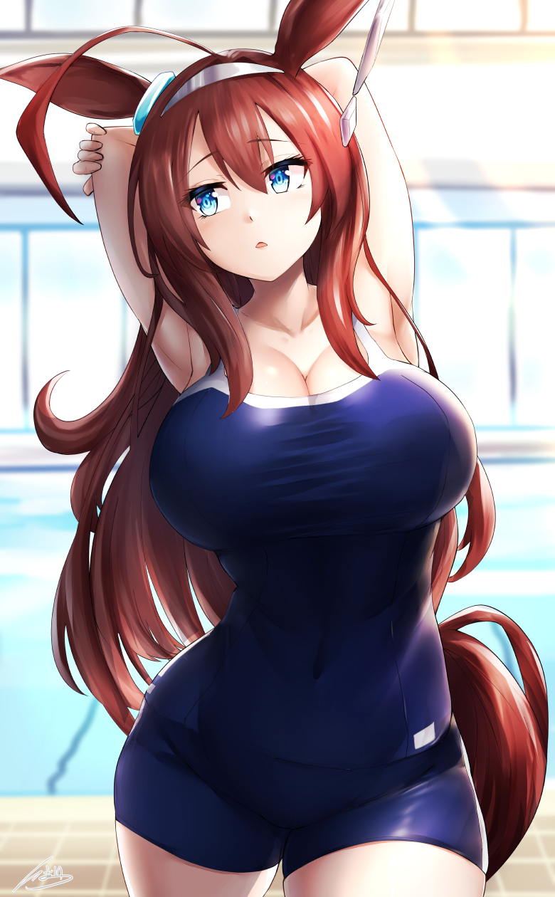 1girl, ahoge, animal_ears, arms_behind_head, blue_eyes, breasts, brown_hair, covered_navel