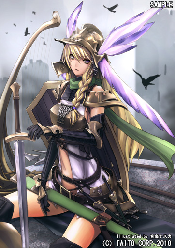 belt, bird, blonde_hair, braid, center_opening, elbow_gloves, fantasy, fog