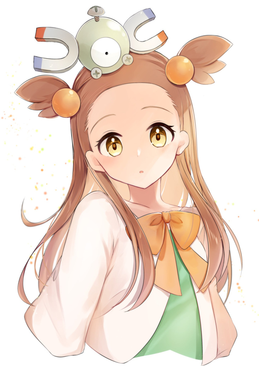 1girl, blush, bow, bowtie, brown_hair, commentary_request, dress, eyelashes, gen_1_pokemon, goma_(nabepa_nabepa), green_dress, hair_bobbles, hair_ornament, highres, jasmine_(pokemon), long_hair, looking_at_viewer, magnemite, on_head, orange_bow, orange_neckwear, parted_lips, pokemon, pokemon_(creature), pokemon_(game), pokemon_hgss, pokemon_on_head, two_side_up, yellow_eyes