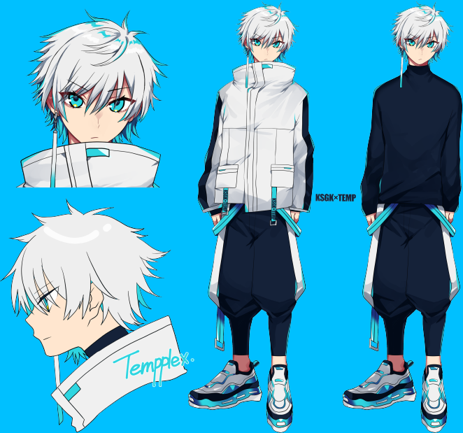 1boy, aqua_eyes, bangs, belt, black_pants, black_sweater, blue_belt, character_name