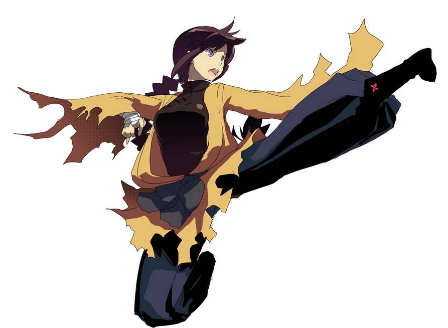 bandage, black_hair, bloodink, braid, flying_kick, grey_eyes, kicking, monk_(sekaiju)
