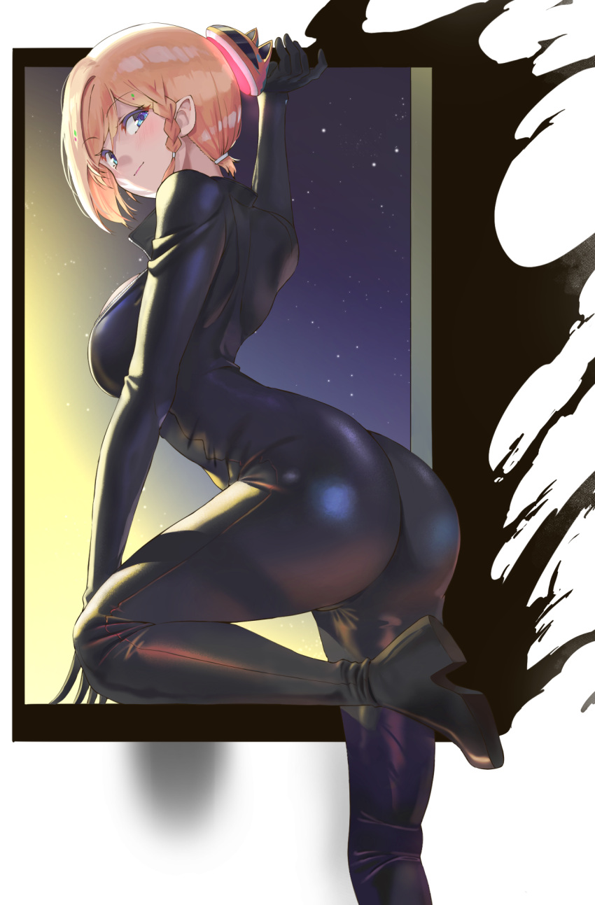 1girl, aki_rosenthal, ass, black_bodysuit, black_footwear, blonde_hair, blue_eyes, bodysuit, braid, breasts, closed_mouth, commentary_request, commission, highres, hololive, looking_at_viewer, medium_breasts, short_hair, single_braid, skin_tight, smile, solo, twin_(tt_lsh), virtual_youtuber