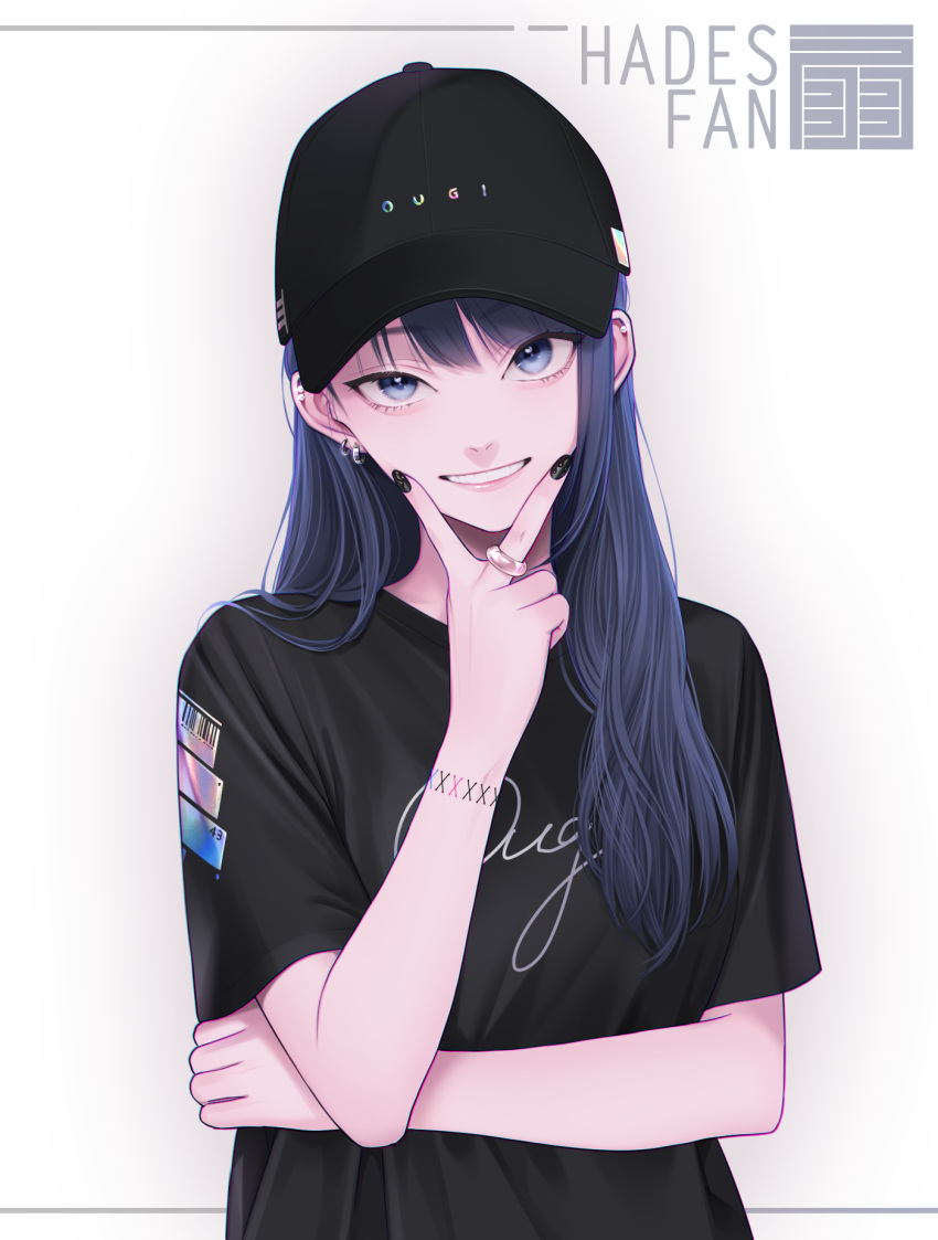 1girl, bangs, black_headwear, black_nails, black_shirt, blue_eyes, blue_hair, chimachi