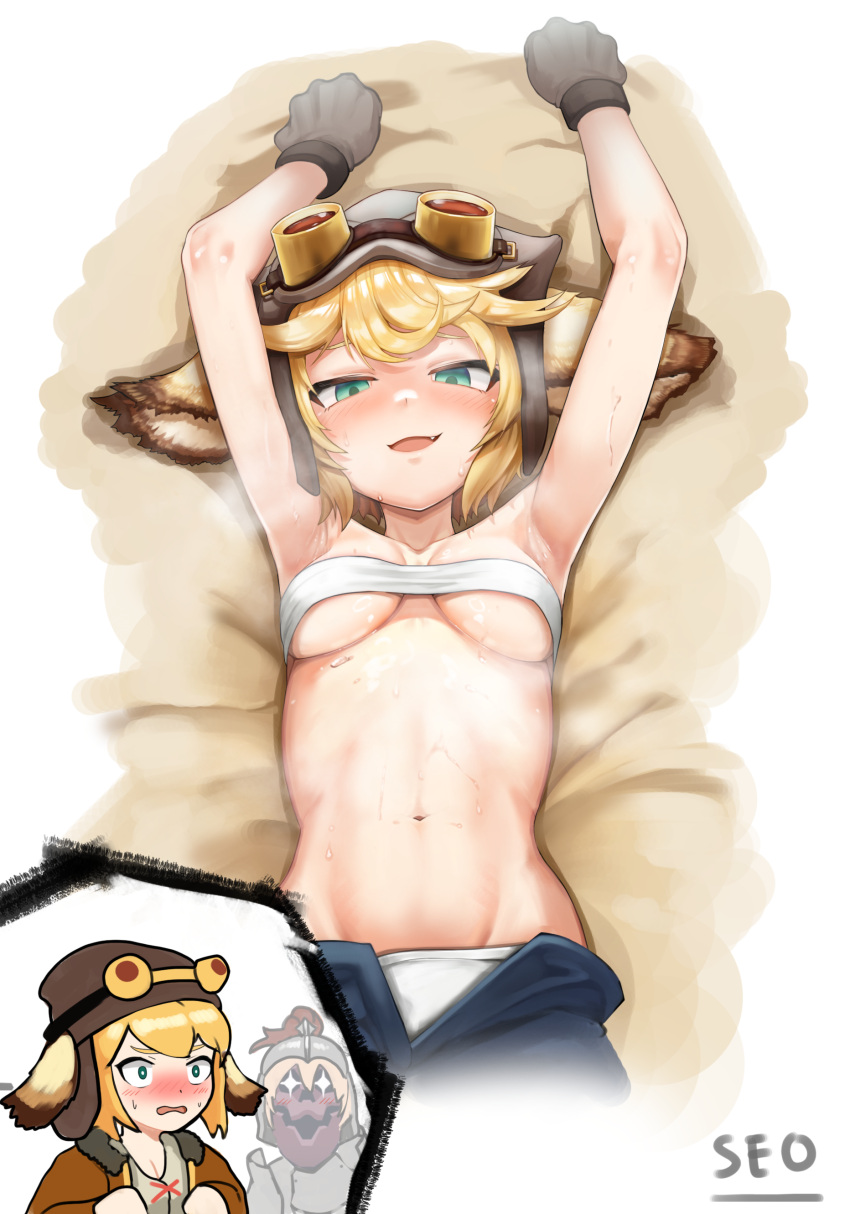 absurdres, armpits, artist_name, bangs, blonde_hair, breasts, breath, crossed_bangs, ears, engineer_marianne, fur, gloves, green_eyes, guardian_tales, highres, linea_alba, looking_at_viewer, navel, open_mouth, seo_(tqhgud016), short_hair, simple_background, sleeveless, small_breasts, smug