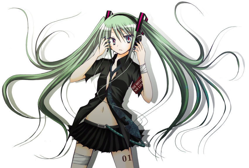 bandage, bandages, green_hair, hands_on_headphones, hatsune_miku, headphones, highres, inst