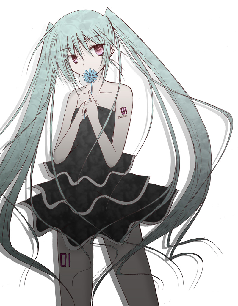 bad_id, dress, flower, hatsune_miku, inst, long_hair, red_eyes, strapless_dress
