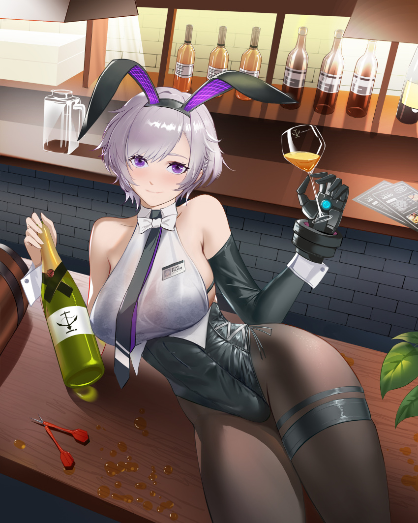 1girl, absurdres, alcohol, animal_ears, armpit_crease, azur_lane, bangs, bar