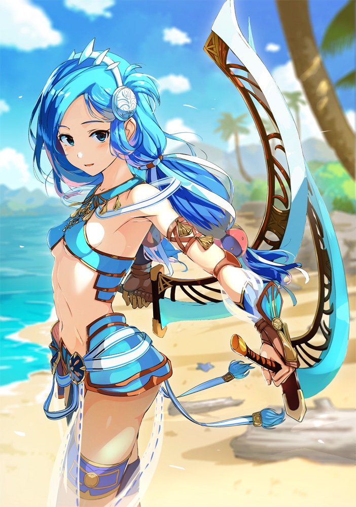 1girl, arm_guards, armpits, bare_shoulders, beach, blue_eyes, blue_hair, blue_sky, breasts, dana_(ys), day, dual_wielding, from_side, hairband, holding, holding_weapon, long_hair, looking_at_viewer, looking_to_the_side, low_twintails, navel, outdoors, palm_tree, parted_lips, revealing_clothes, see-through, sky, small_breasts, solo, standing, starfish, stomach, thigh_strap, tree, twintails, weapon, white_hairband, yoshitake, ys, ys_viii_lacrimosa_of_dana