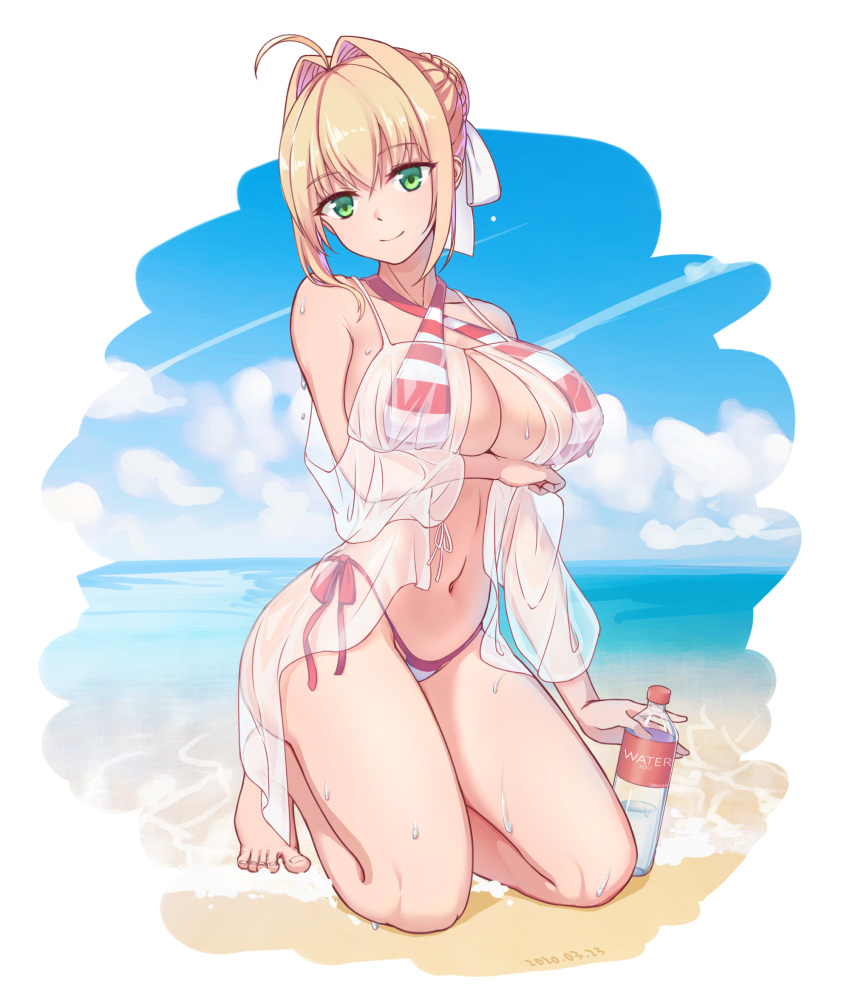 1girl, ahoge, arm_under_breasts, babydoll, bangs, bare_legs, bare_shoulders, barefoot