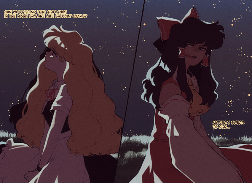 2girls, airplanes_(b.o.b.), ascot, black_eyes, black_hair, blonde_hair, detached_sleeves, english_text