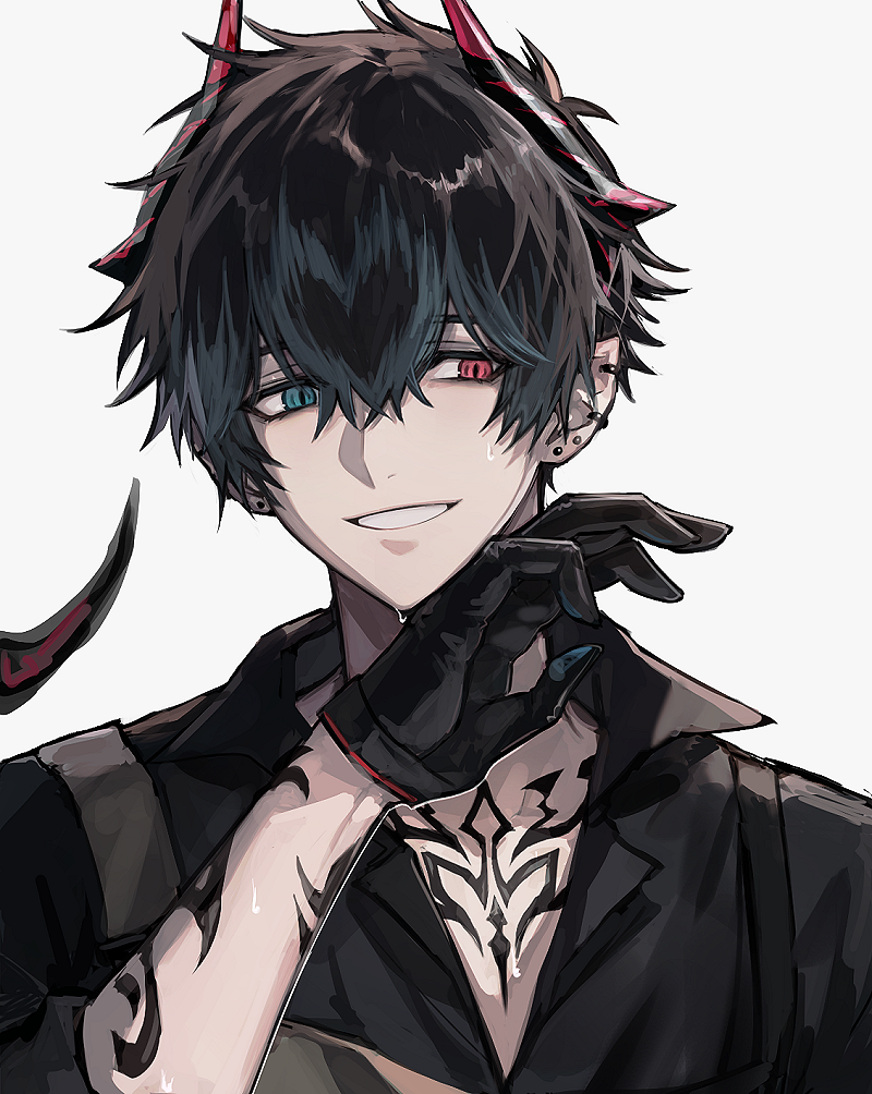 1boy, alchemy_stars, arm_tattoo, black_gloves, black_hair, black_shirt, chest_tattoo, collared_shirt, commentary, ear_piercing, fleur_(alchemy_stars), gloves, heterochromia, horns, looking_to_the_side, male_focus, open_mouth, piercing, roh_(user_fctg7234), shirt, short_hair, simple_background, smile, solo, sweat, tail, tattoo, upper_body, very_short_hair, white_background