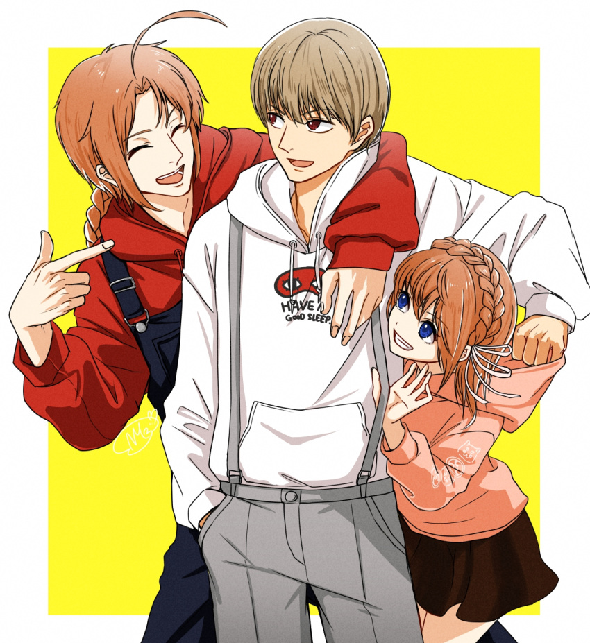 1girl, 2boys, :d, ^_^, arm_around_neck, black_skirt, border, braid, brown_hair, casual, closed_eyes, crown_braid, gintama, grey_pants, hair_ribbon, highres, hood, hood_down, hood_grab, hooded_sweater, index_finger_raised, kagura_(gintama), kamui_(gintama), long_hair, miniskirt, multiple_boys, okita_sougo, open_mouth, outside_border, overalls, pants, pink_sweater, pleated_skirt, print_sweater, red_sweater, ribbon, shinomy, short_hair, skirt, smile, standing, suspenders, sweater, white_border, white_ribbon, white_sweater, yellow_background