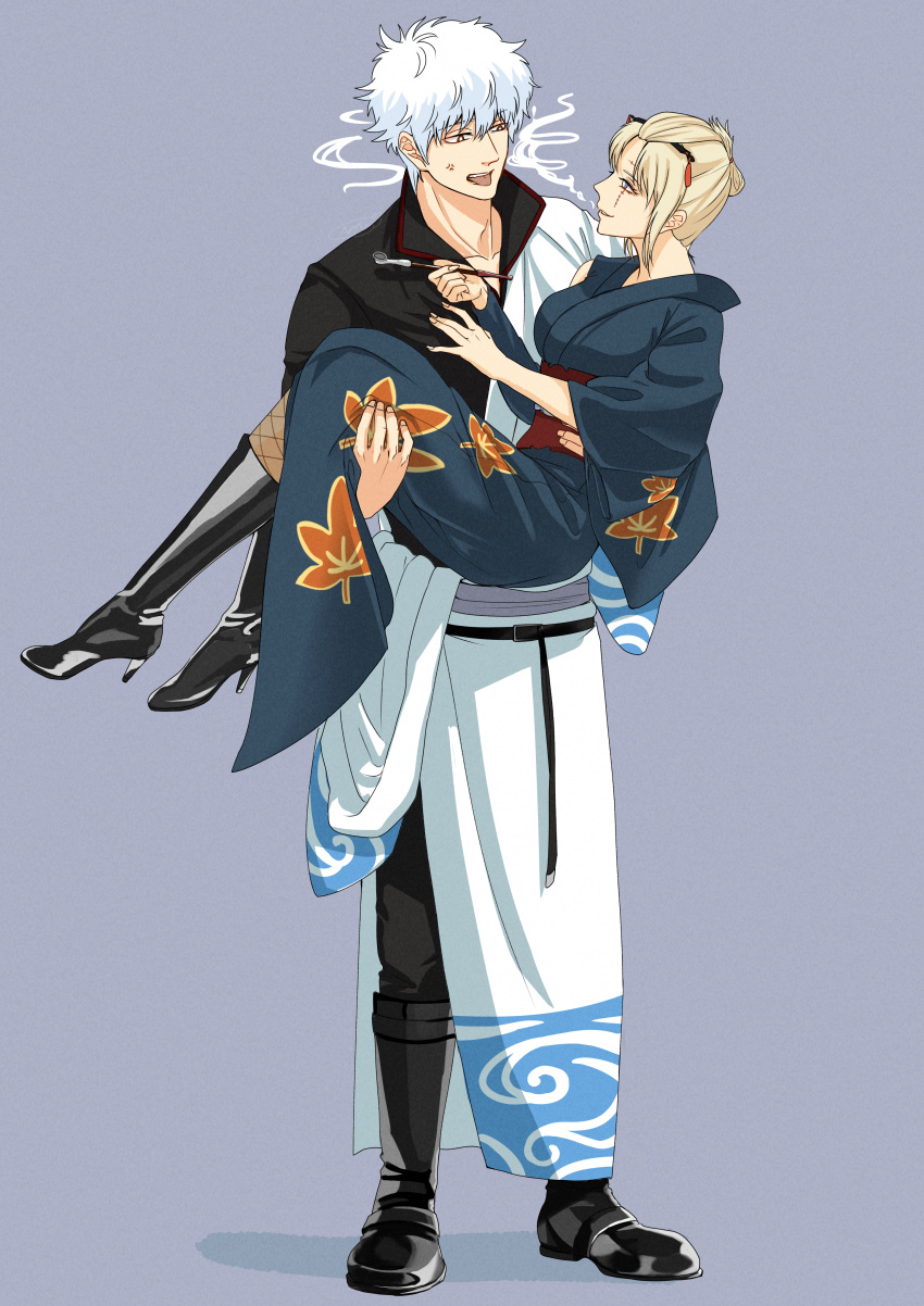 1boy, 1girl, absurdres, anger_vein, asymmetrical_sleeves, black_footwear, black_kimono, black_pants