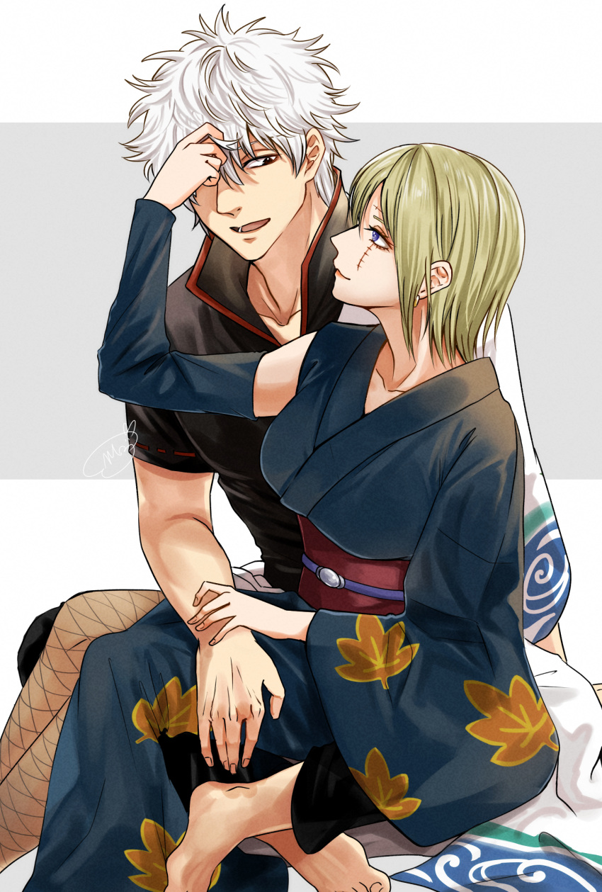 1boy, 1girl, asymmetrical_sleeves, barefoot, black_eyes, black_kimono, black_pants, black_shirt