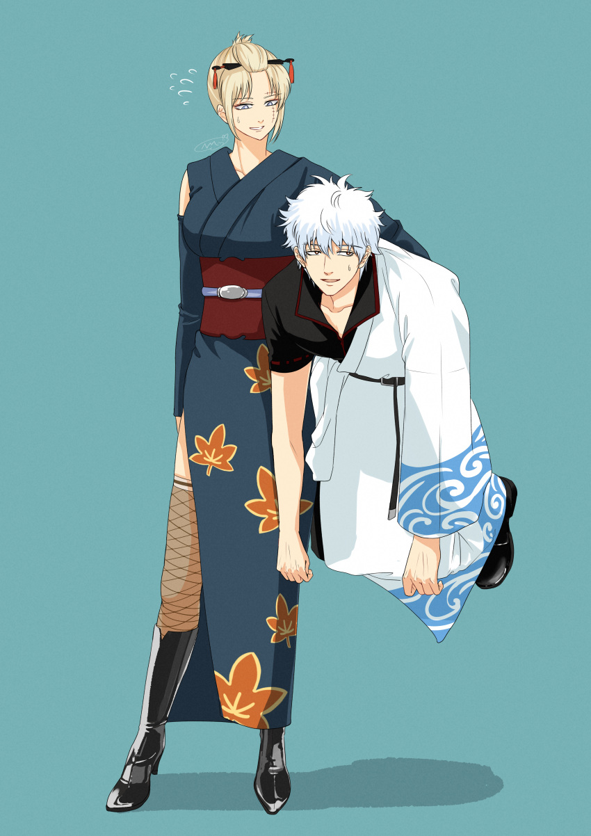 1boy, 1girl, absurdres, asymmetrical_sleeves, black_footwear, black_kimono, black_shirt, black_sleeves