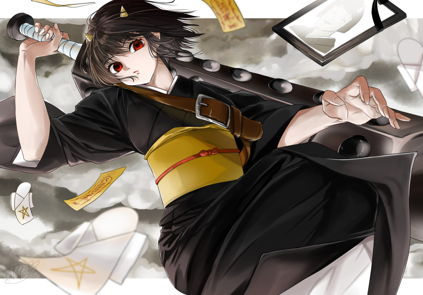 1girl, black_hair, black_kimono, closed_mouth, floating_hair, gedomaru, gintama, highres
