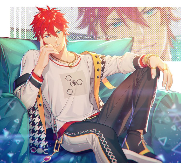 1boy, amagi_rinne, belt, black_footwear, black_pants, blue_eyes, bracelet, couch