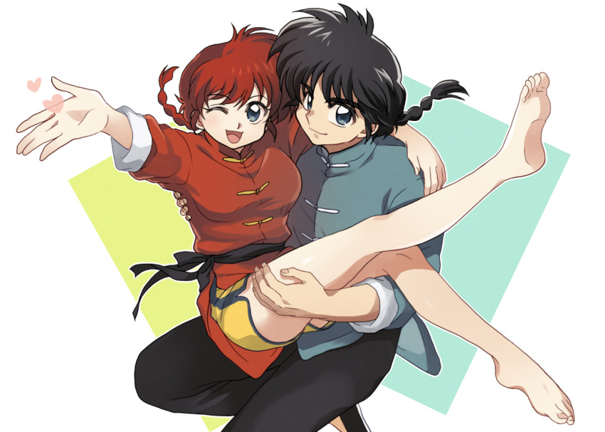1boy, 1girl, :d, aqua_background, arm_around_shoulder, arm_up, bangs, barefoot