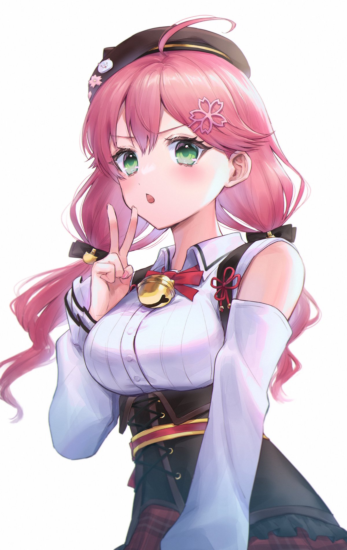 1girl, :o, ahoge, bangs, bell, beret, black_headwear, breasts, collared_shirt, commentary_request, corset, detached_sleeves, dress_shirt, eyebrows_visible_through_hair, flower, green_eyes, hair_flower, hair_ornament, hand_up, hat, highres, hololive, jingle_bell, large_breasts, long_hair, long_sleeves, looking_at_viewer, nail_polish, neck_bell, pink_nails, plaid, plaid_skirt, rakuyui, red_skirt, redhead, sakura_miko, shirt, skirt, solo, twintails, upper_body, very_long_hair, virtual_youtuber, white_shirt