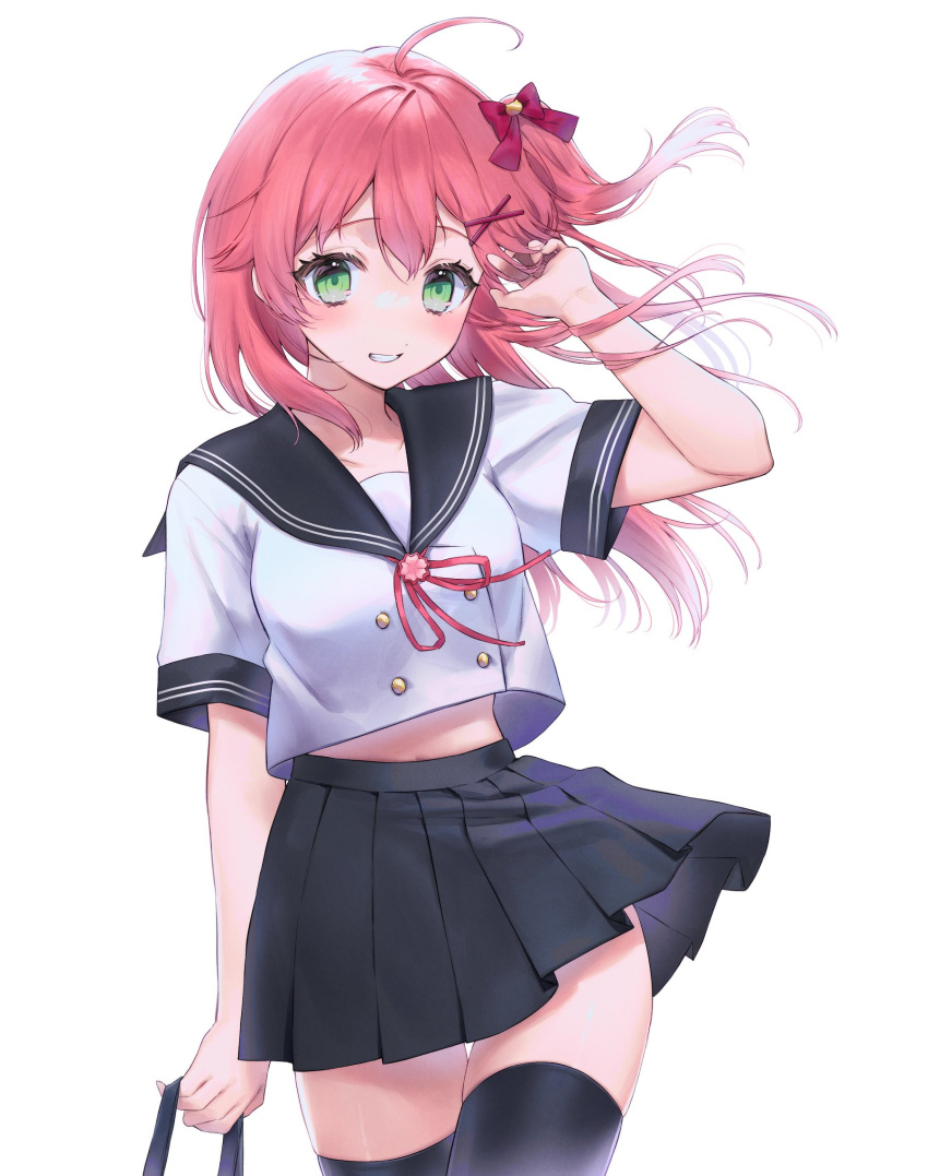 1girl, ahoge, arm_up, bangs, black_legwear, black_sailor_collar, black_skirt, blush, bow, breasts, commentary_request, cowboy_shot, eyebrows_visible_through_hair, floating_hair, green_eyes, grin, hair_between_eyes, hair_bow, hair_ornament, highres, holding, hololive, long_hair, looking_at_viewer, midriff_peek, one_side_up, pleated_skirt, rakuyui, red_bow, red_ribbon, redhead, ribbon, sailor_collar, sakura_miko, school_uniform, serafuku, shirt, short_sleeves, simple_background, skirt, smile, solo, standing, thigh-highs, virtual_youtuber, white_background, white_shirt, x_hair_ornament