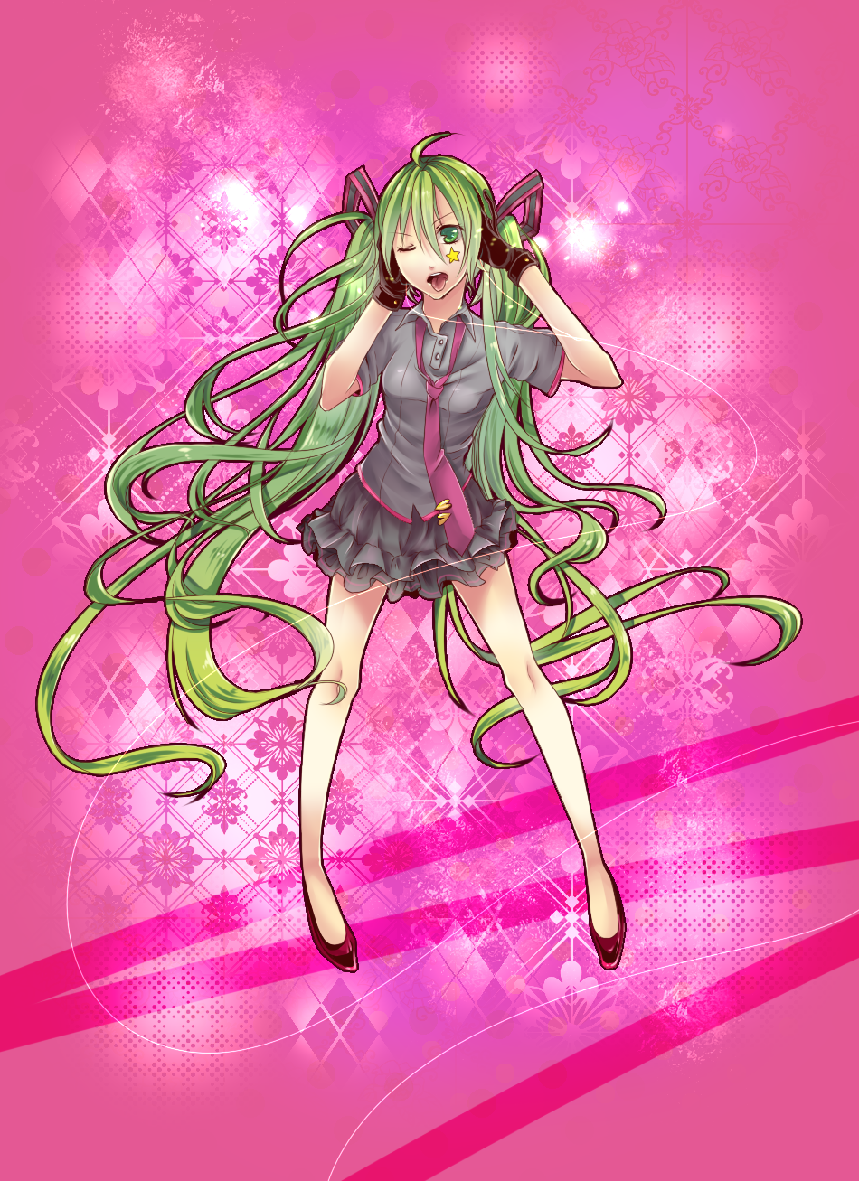 amese_hiyori, gloves, green_eyes, green_hair, hands_on_headphones, hatsune_miku, headphones, highres