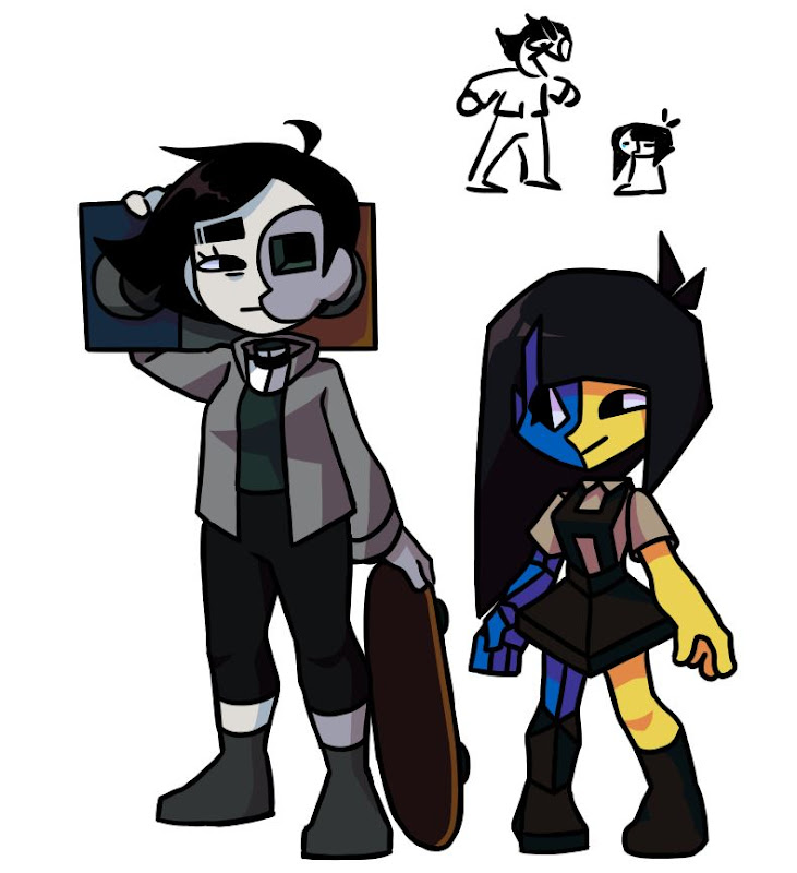 2girls, black_footwear, black_hair, black_legwear, black_skirt, blue_skin, closed_mouth, colored_skin