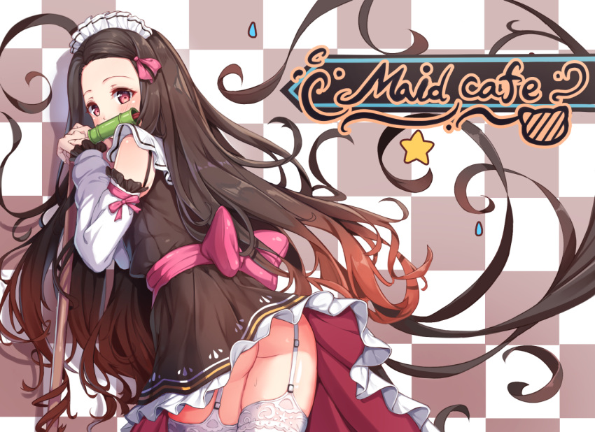 1girl, alternate_costume, ass, bamboo, bangs, bare_shoulders, bit_gag, black_hair