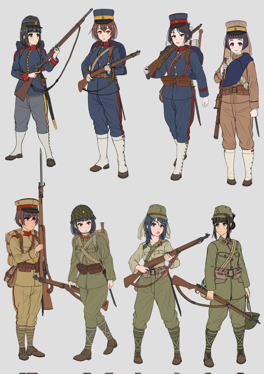 6+girls, ammunition_pouch, backpack, bag, bayonet, belt, boots, braid