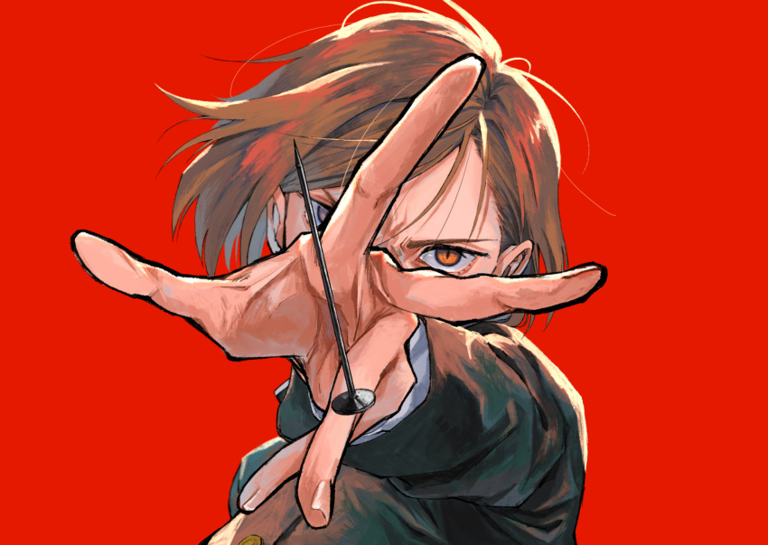 1girl, black_shirt, brown_eyes, brown_hair, buttons, do_wahahaha, hair_behind_ear, high_collar