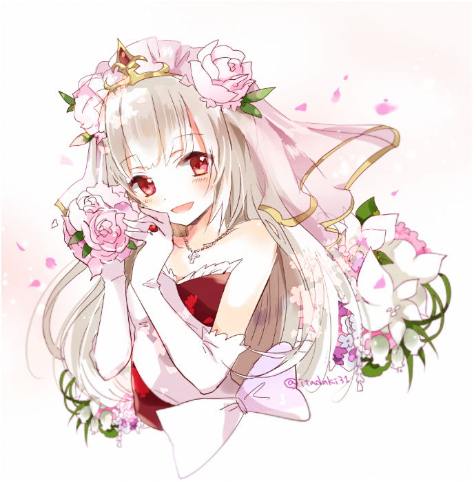 1girl, bangs, bare_shoulders, blush, bow, dress, elbow_gloves, flower