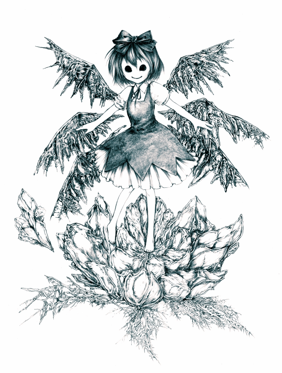 blue, bow, cirno, creepy, dress, empty_eyes, flower, frozen