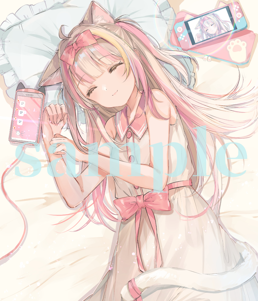 1girl, ^_^, amemiya_ayune, animal_ear_fluff, animal_ears, bangs, bare_arms, bare_shoulders