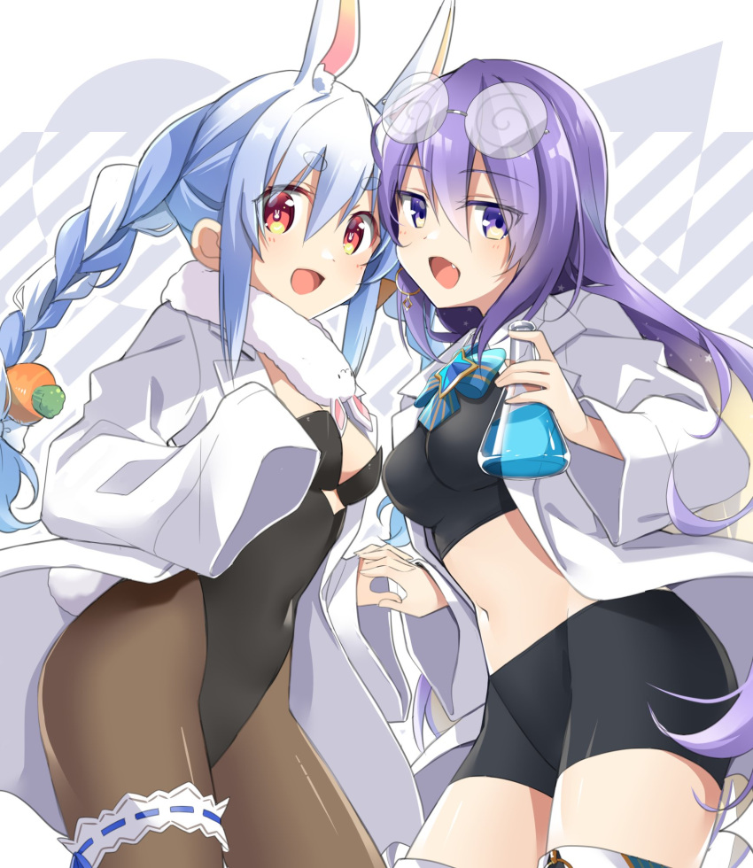 2girls, animal_ears, blue_hair, braid, coke-bottle_glasses, eyewear_on_head, fang, flask