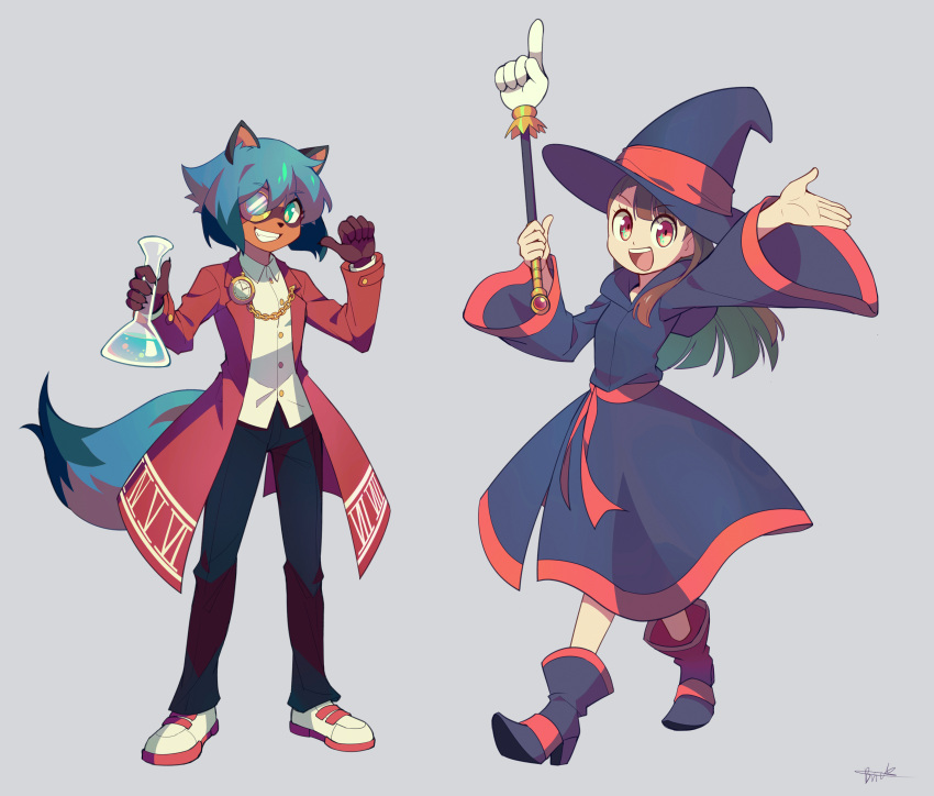 2girls, absurdres, alternate_costume, animal_ears, animal_nose, arms_up, artist_name, belt, black_hair, blue_dress, blue_eyes, blue_footwear, blue_hair, blue_headwear, body_fur, boots, brand_new_animal, brown_fur, brown_hair, bzzt_gcxll, clock, coat, collared_shirt, dress, flask, furry, furry_female, grey_background, hat, hat_ribbon, highres, holding, holding_flask, holding_wand, kagari_atsuko, kagemori_michiru, liquid, little_witch_academia, long_hair, long_sleeves, looking_at_viewer, monocle, multicolored_hair, multiple_girls, pants, pointing, pointing_at_self, raccoon_ears, raccoon_girl, raccoon_tail, red_coat, red_eyes, ribbon, shirt, shoes, short_hair, simple_background, smile, sneakers, tail, tanuki, teeth, thumbs_up, two-tone_hair, wand, waving, white_shirt, witch, witch_hat
