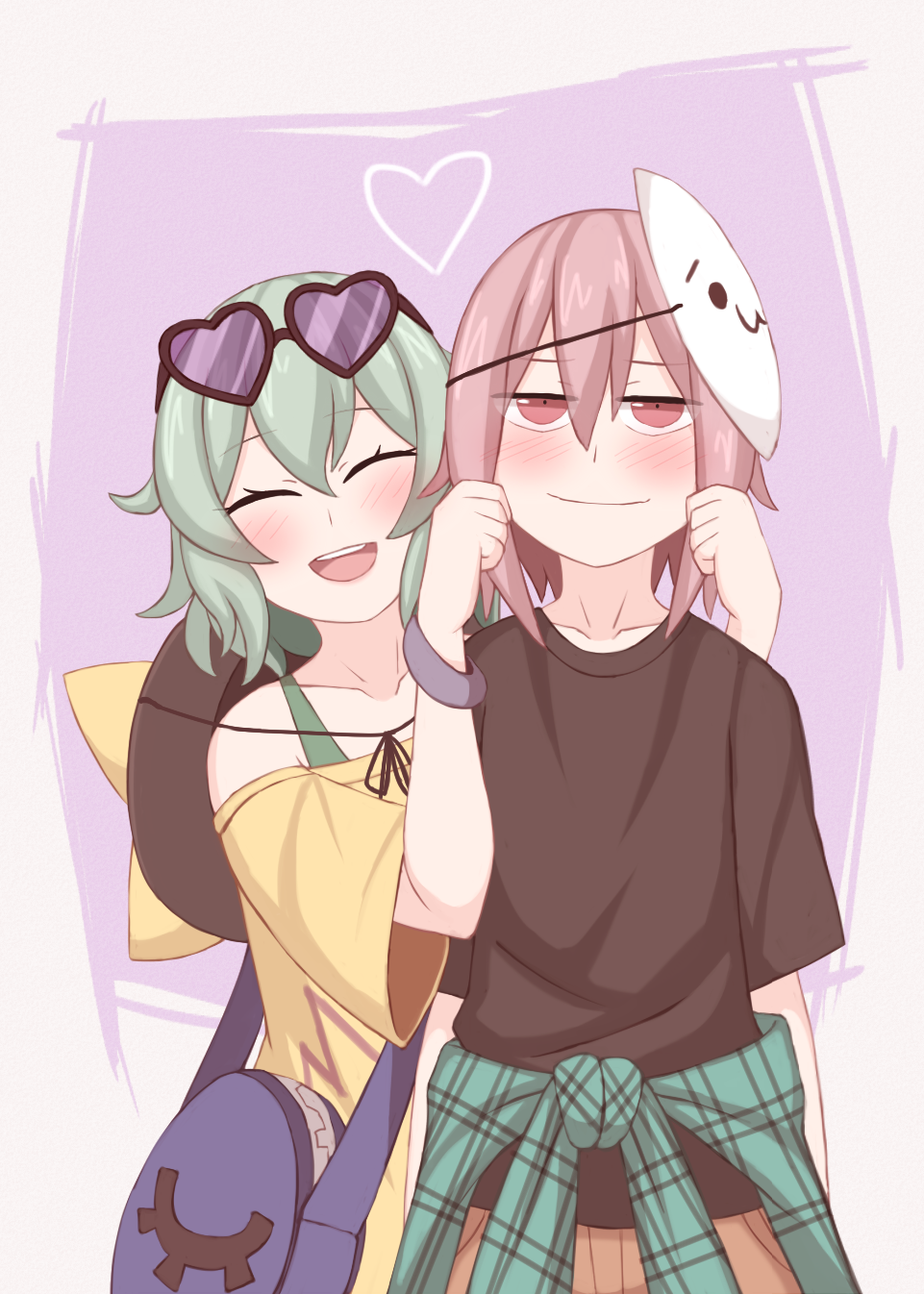1boy, 1girl, alternate_costume, bag, black_shirt, blush, bra, bra_strap