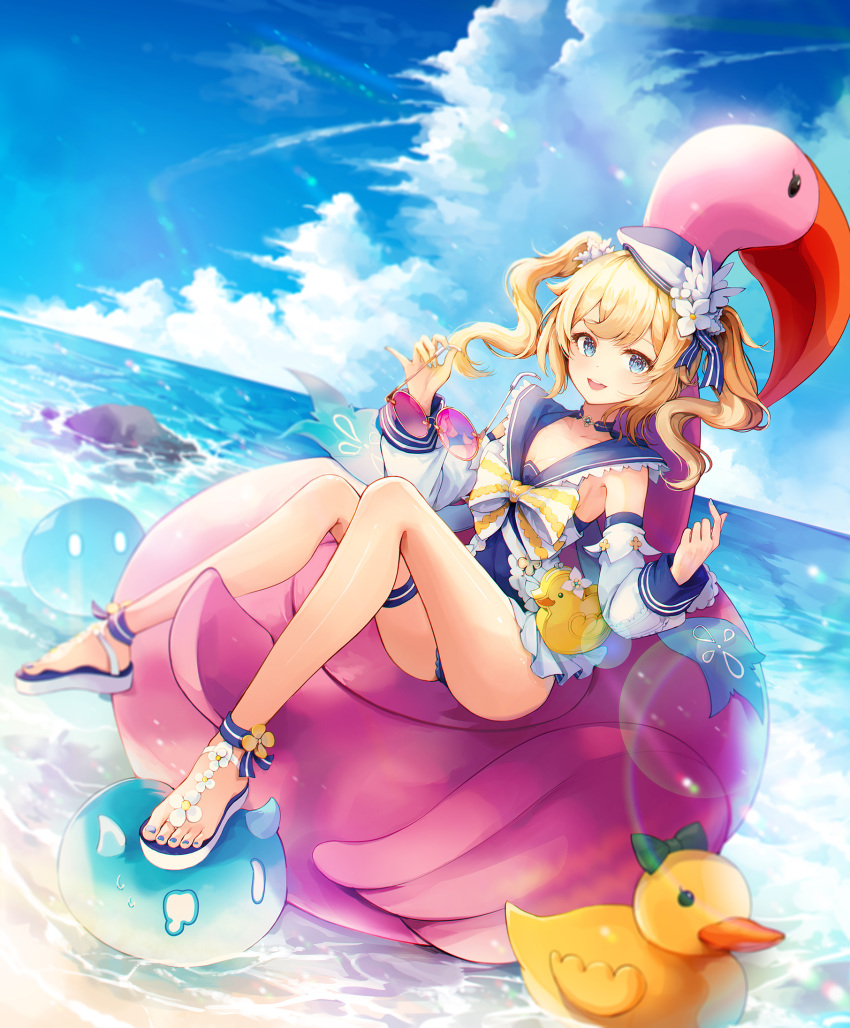 1girl, :d, bangs, barbara_(genshin_impact), barbara_(summertime_sparkle)_(genshin_impact), bare_legs, blonde_hair, blue_choker, blue_eyes, blue_nails, blue_sky, blue_swimsuit, blush, choker, clouds, commentary_request, detached_sleeves, eyewear_removed, flower, full_body, genshin_impact, hair_flower, hair_ornament, hat, highres, holding, holding_eyewear, inflatable_flamingo, knees_up, long_hair, long_sleeves, looking_at_viewer, nail_polish, ocean, official_alternate_costume, one-piece_swimsuit, open_mouth, pistachiocream, rubber_duck, sailor_hat, sandals, sitting, sky, slime_(genshin_impact), smile, solo, sunglasses, swimsuit, thigh_strap, toenail_polish, toenails, two_side_up, upper_teeth, white_flower, white_headwear