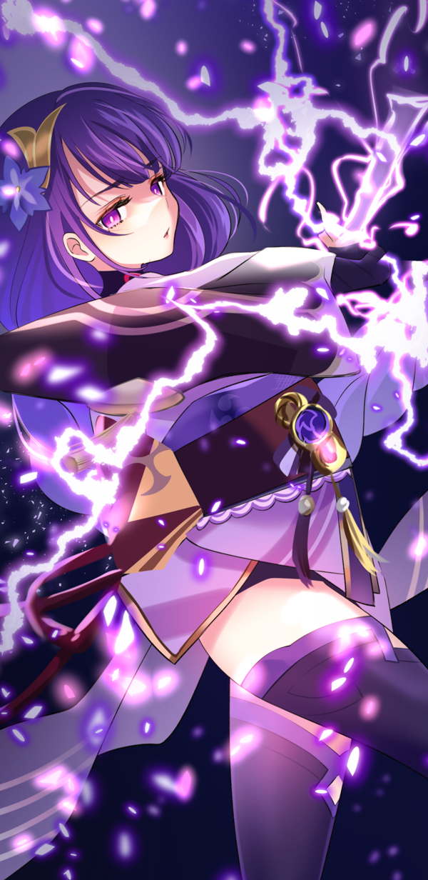 1girl, bangs, braid, breasts, coattails, commentary_request, electricity, flower, genshin_impact, hair_ornament, highres, holding, holding_sword, holding_weapon, japanese_clothes, kimono, lace_trim, large_breasts, long_hair, long_sleeves, looking_at_viewer, obi, obiage, open_mouth, purple_flower, purple_hair, raiden_shogun, ramune_(lamunepop), ribbon, sash, simple_background, solo, sword, tassel, thigh-highs, violet_eyes, weapon, wide_sleeves