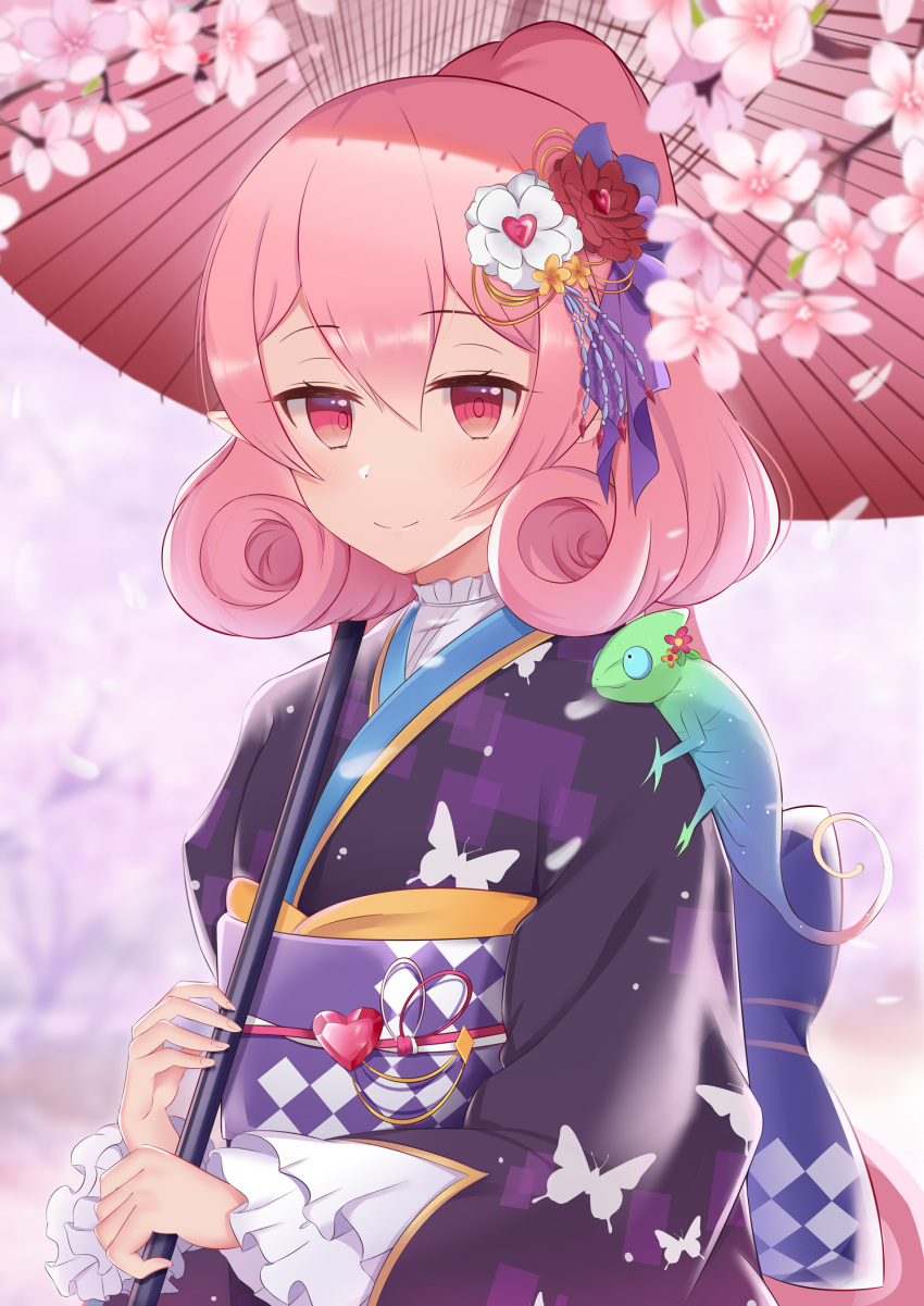 1girl, animal_print, blurry, blurry_background, bow, butterfly_print, chameleon, cherry_blossoms
