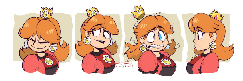 1girl, alternate_color, clenched_teeth, crown, dress, earrings, expressions, from_side
