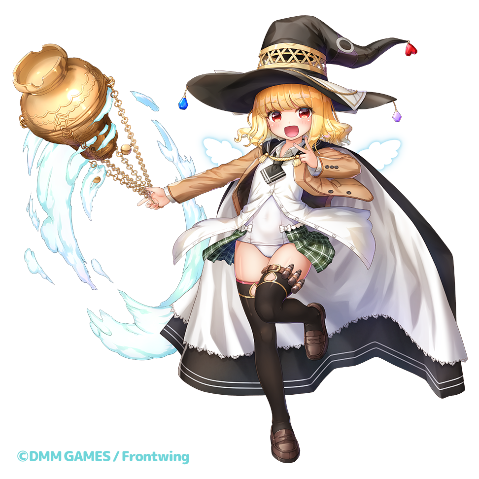 1girl, bangs, black_legwear, blonde_hair, cape, dennou_tenshi_jibril, eyebrows_visible_through_hair, hat