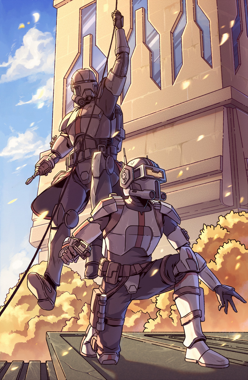 2boys, armor, black_gloves, cable, clone_trooper, clouds, echo_(star_wars), gloves, gun, helmet, highres, holding, holding_gun, holding_weapon, multiple_boys, one_knee, open_hand, sanatorium_industries, sky, star_wars, star_wars:_the_bad_batch, tree, visor, weapon
